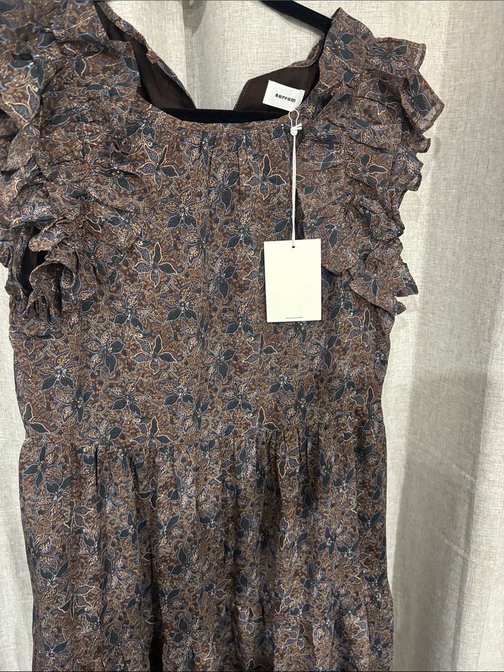 Aureum Floral Ruffle Midi Dress in Brown and Blue